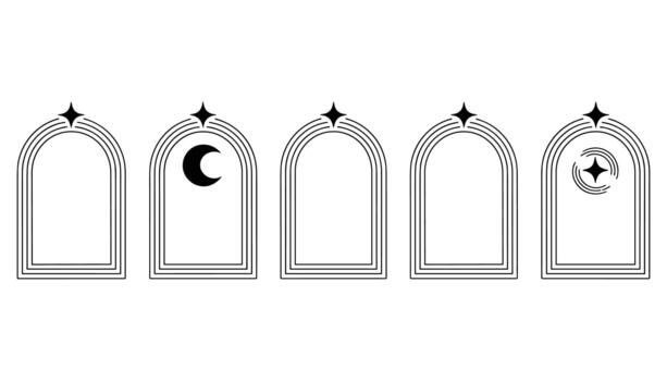 Five minimalist black arched frames with celestial elements and geometric patterns arch frame moon vector