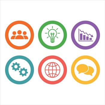 Six colorful circular icons representing business concepts including people team idea graph gears globe and chat bubbles vector
