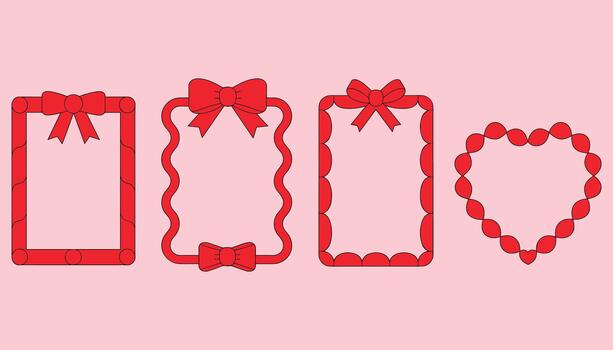 Four red decorative frames with bows and scalloped edges on a pink background ribbon heart vector