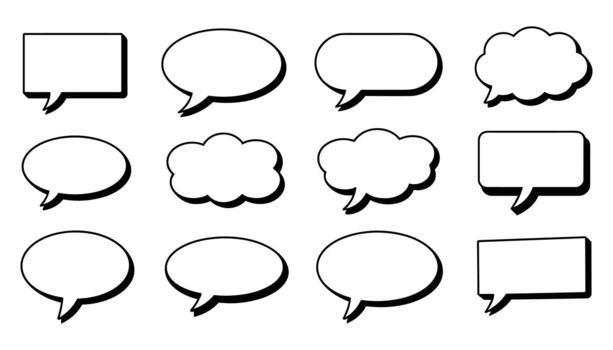 Collection of twelve diverse white speech bubbles with black outlines and drop shadows arranged in three rows on a white background vector