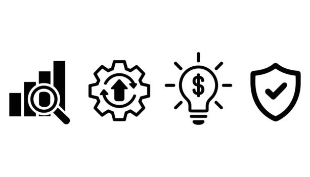 Black icons for analytics growth gear idea and security shield with checkmark on white background chart vector