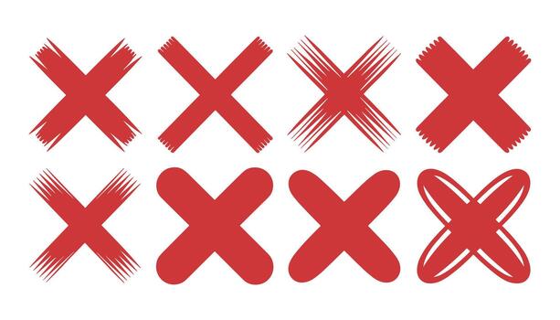 Eight Red X Marks Various Styles Brush Stroke Rounded Outline cross mark x symbol vector