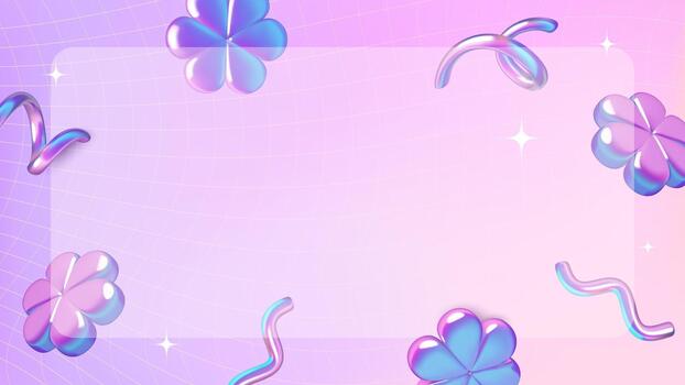 Purple abstract y2k gradient background with glass and holographic 3d flowers and spirals vector