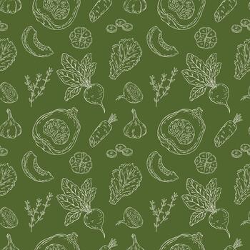 Hand-drawn line art pattern with pumpkin, beet, lettuce leaf, garlic, thyme, and carrot. Minimal seamless design with large vegetable elements for packaging, labels, and kitchen themes vector