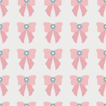 Pink Bow Pattern Repeating Illustration. Seamless pattern of pink bows adorned with small blue flowers creates a charming and playful design vector