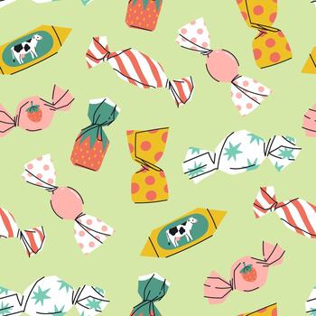 Seamless pattern with various candies on a green background. graphics. vector