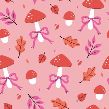 Seamless pattern with fly agarics, bows, and leaves. graphics. vector