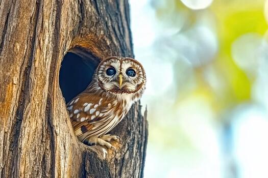 An Owl Peeking From a Tree Hole, Showcasing Its Unique Features in a Natural Habitat photo
