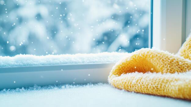 Soft Snowflakes Dance Outside a Frosty Window With a Cozy Blanket Resting Nearby photo