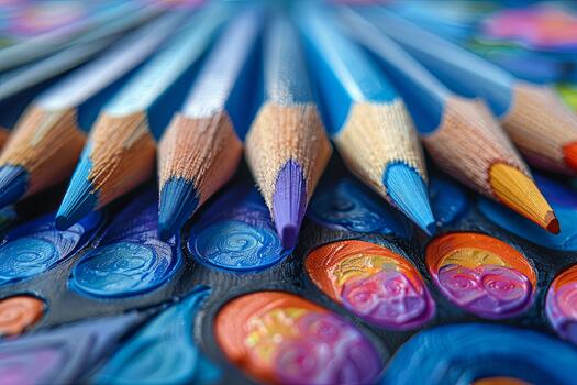 Close-Up View of Colorful Pencils Arranged in a Pattern on a Blue Surface photo