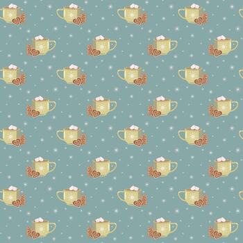 Seamless festive pattern with yellow mugs of hot chocolate and marshmallows, gingerbread hearts and trees on a teal background with snowflakes and dots. Cozy winter design for wrapping or decor vector