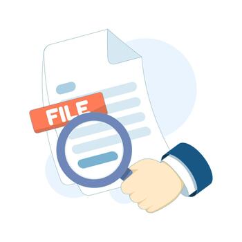 Cartoon-style illustration of a document with a magnifying glass, representing file searching, document management, and information lookup concepts. vector
