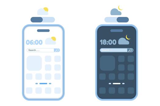 Dark mode vs light mode app settings illustration, showing users switching between day and night themes within a mobile interface for visual preference. vector