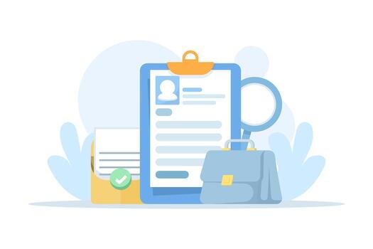 Illustration of job interview and human resources concept, depicting job search, recruitment process, and business hiring strategies in a flat style. vector