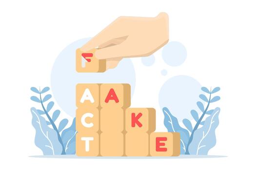 Businessman arranging wooden blocks labeled FACT and FAKE on a table, symbolizing true vs false news and the importance of verifying information. flat illustration on background. vector