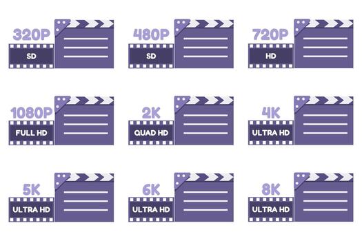 Clapperboard with resolution markings from SD to 8K Ultra, symbolizing quality levels and modern broadcasting standards. vector