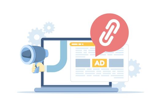 Flat illustration of guest post backlink strategy, showing SEO outreach on a laptop screen with megaphone and chain icons, symbolizing quality link building and higher domain ranking. vector