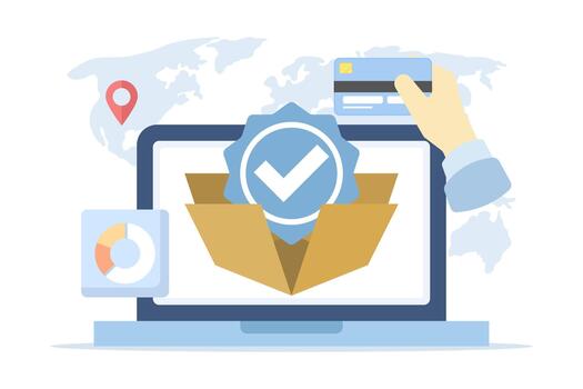 Online shopping payment system illustration with a laptop, package box, and check mark, symbolizing successful purchases and digital transaction approval. flat illustration. vector