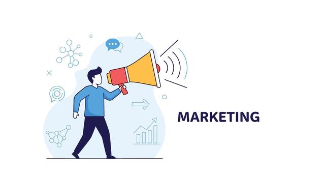 Man with megaphone announcing marketing strategy in a modern clean and minimalist style vector