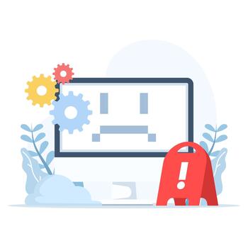 System glitches and technical errors. Computer crash caused by damaged hardware or faulty software. Monitor screen shows a sad face indicating system failure. Flat illustration. vector