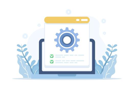 Project technical specification check overview icon graphic illustration, cartoon flat checklist manual, information file document setup, configuration automation operating system vector