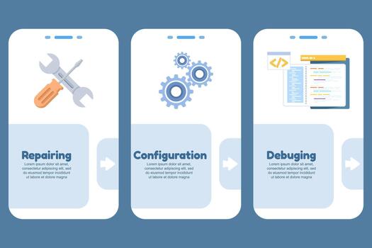 Mobile app UI template showing fixed debugging onboarding screens, presented in three modern flat-style variations for configuration and setup guidance. vector
