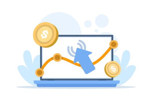 Flat illustration of pay-per-click internet advertising, showing online social media campaigns and website display ads generating revenue for publishers. vector
