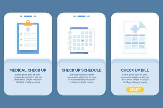 Flat illustration of medical icons and check-up schedule, including bills, for mobile app or website UI, banner, and template design in modern flat color style with three variations. vector