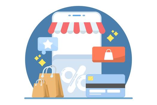 E-commerce shopping journey illustration with carts, discounts, and payment methods, showing the customer path from browsing to checkout in a clean flat design. vector