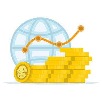Digital coin stacks with rising bar chart symbolizing cryptocurrency investment growth. Illustration of blockchain assets, online trading, and increasing financial value in the digital market. vector