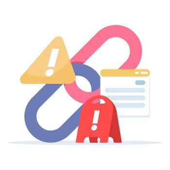 Illustration of a risky link alert, showing a chain with a warning sign to represent suspicious URLs, phishing threats, and unsafe website notifications. vector