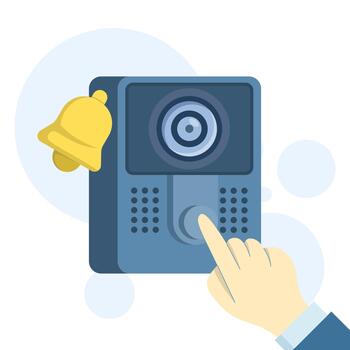 Flat illustration of a smart doorbell system. Shows camera monitoring, home security alerts, remote access, and modern smart-home technology for enhanced safety and convenience. vector