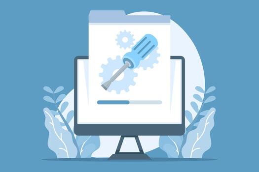 Flat illustration of computer repair with screwdriver and gear. Represents system maintenance, hardware repair, software troubleshooting, and technical support services. vector