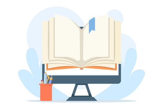 Digital learning concept with an open book and computer monitor, representing online libraries, e-books, and the connection between education, science, and technology. vector