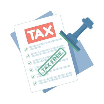 Documents marked with a tax-free stamp, symbolizing exempt transactions, duty-free status, and financial paperwork without applied taxes. flat design illustration on background. vector
