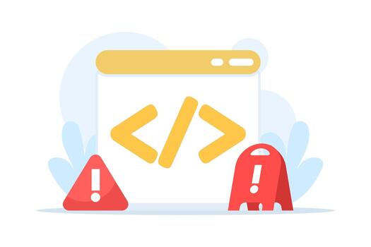 illustration of a program with errors, featuring warning signs, programming symbols, and notifications, representing coding issues, script problems, and software debugging concepts. vector