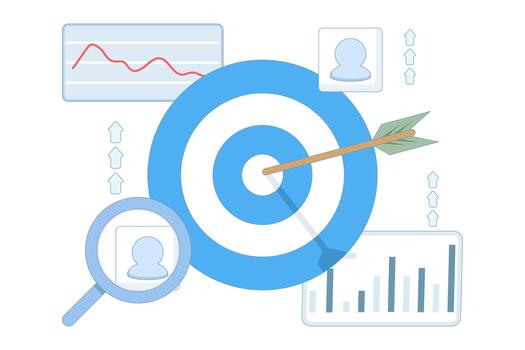 Target audience digital marketing and AI segmentation. Advertising strategy for reaching specific consumer groups, sales generation, customer targeting, and CRM audience management. vector