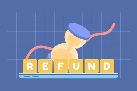 Time refund concept shown with an hourglass and a refund message on an electronic device, illustrating reimbursement and time-based return processes. vector