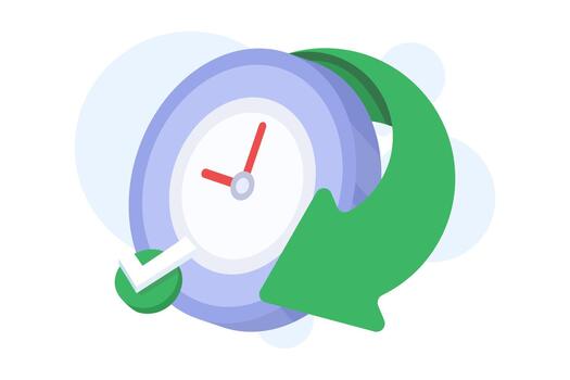 Cartoon-style illustration of an alarm clock with check marks and arrows, symbolizing quick delivery, efficient scheduling, and effective time management concepts. vector