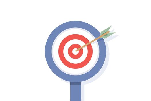 Magnifying glass enlarging a dart hitting a target on a dartboard, representing business goals, focus, accuracy, and strategic achievement vector