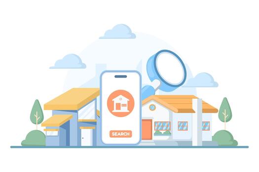 Smartphone housing search illustration, showing a hand holding a device displaying home options, representing mobile real estate browsing and property discovery. vector