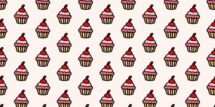 A delightful seamless repeating pattern of charming cartoon cupcakes with pink frosting and a bright red cherry on a light background, ideal for fabric or wallpaper vector
