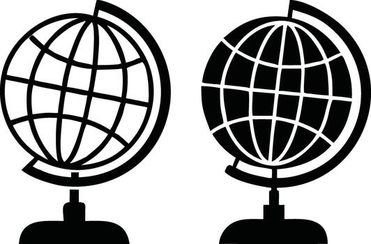 Two black and white globe icons are displayed side by side with vector