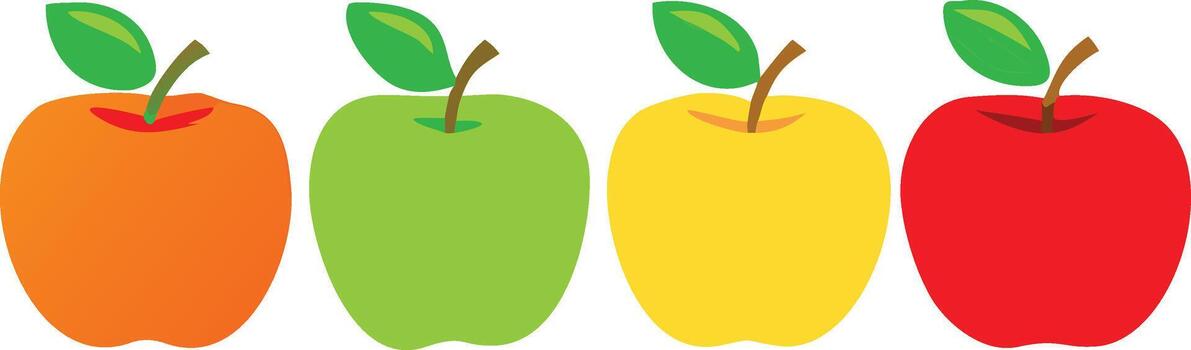 A vibrant row of four apples displaying a spectrum of colors and vector