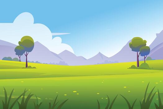 un brillante y alegre paisaje con verde campos arboles y montañas abajo alto calidad vector