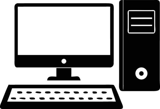 A simple black and white illustration of a desktop computer setup is vector