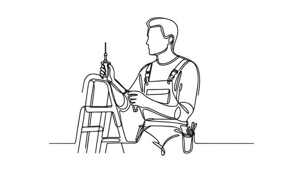 continuous line drawing of a man working on a ladder vector