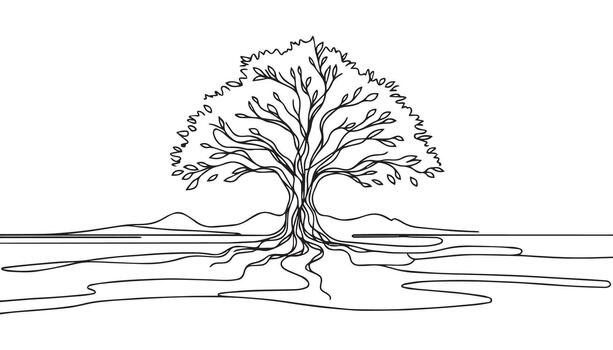 a tree with roots in the water on a white background vector