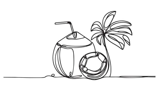 un continuo línea dibujo de Coco bebida y palma árbol vector
