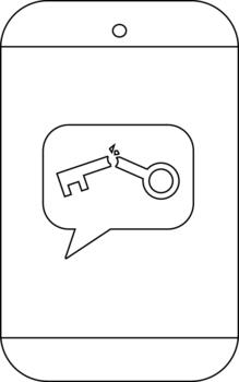 Outline drawing of smartphone displaying broken key icon inside a speech bubble vector